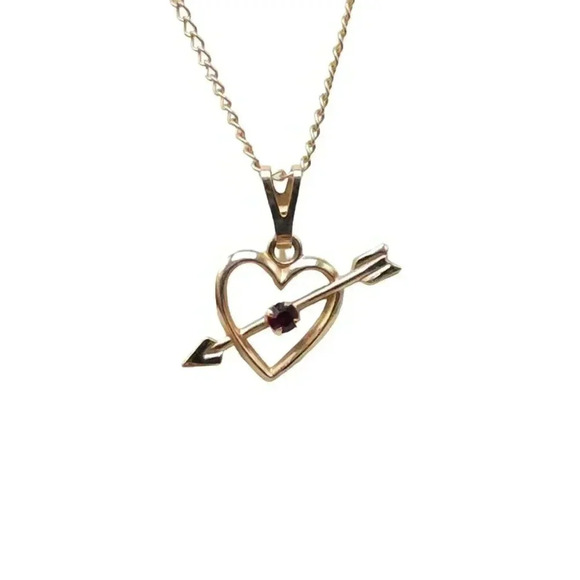 14K Gold-Filled Amethyst Stone Heart Arrow Pendant Necklace Vintage - Picture 2 of 5